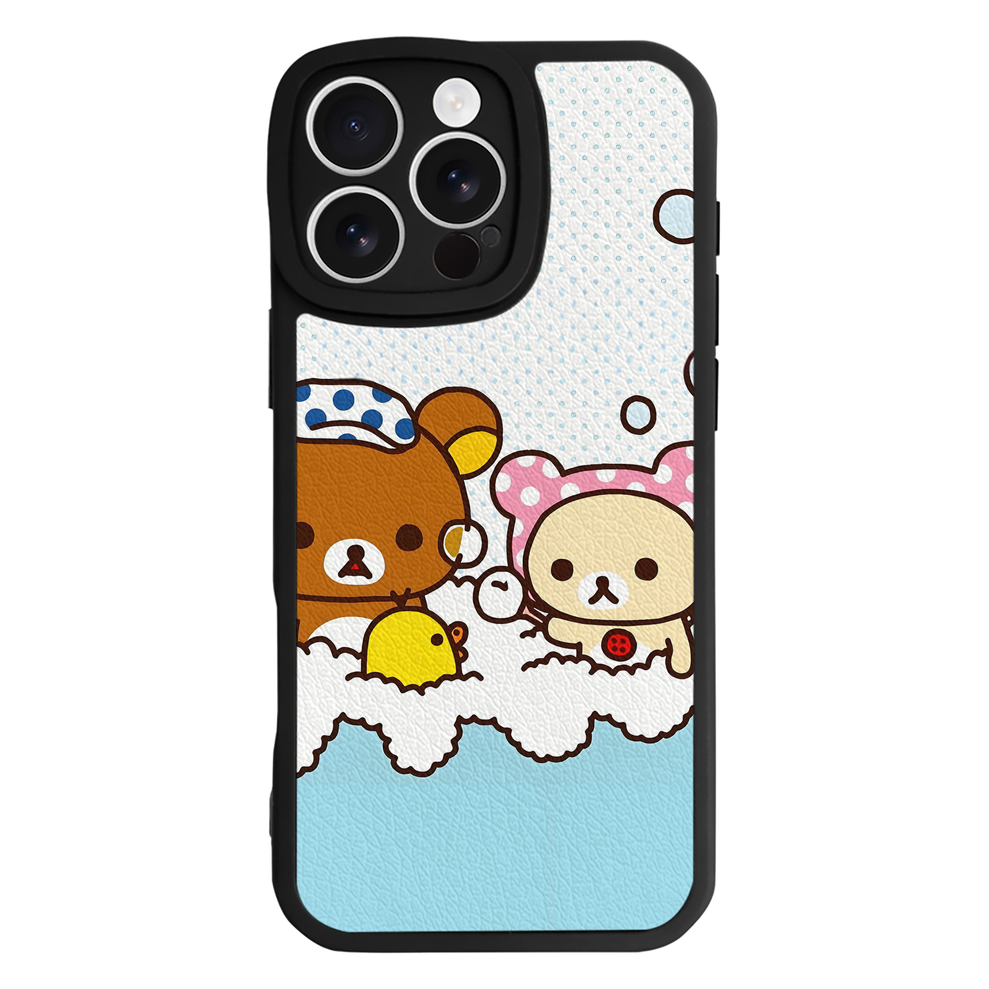 （画像用） リラックマ リラックマ キイロイトリ Rilakkuma Korilakkuma Kiiroitori 【iPhone 16シリーズ対応】シリコンスマホケース（レザー調） 材質：シリコン